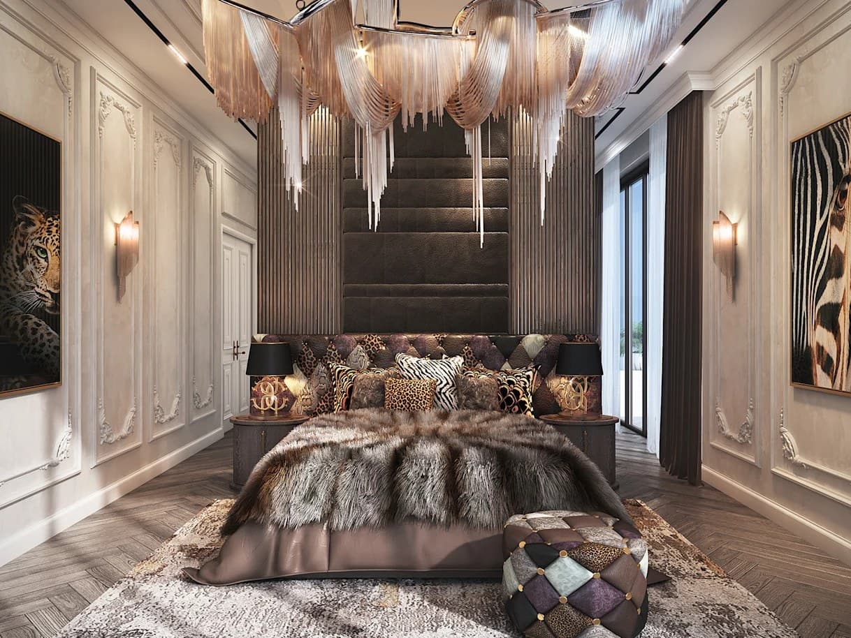 Cavalli Estates master bedroom with animal-print interiors, walk-in closet and ensuite