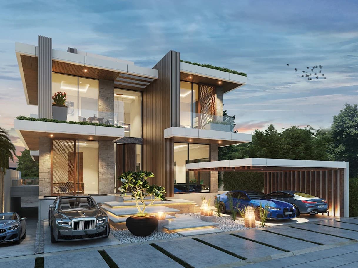 Ground-level parking and motor court at a Cavalli Estates mansion in DAMAC Hills