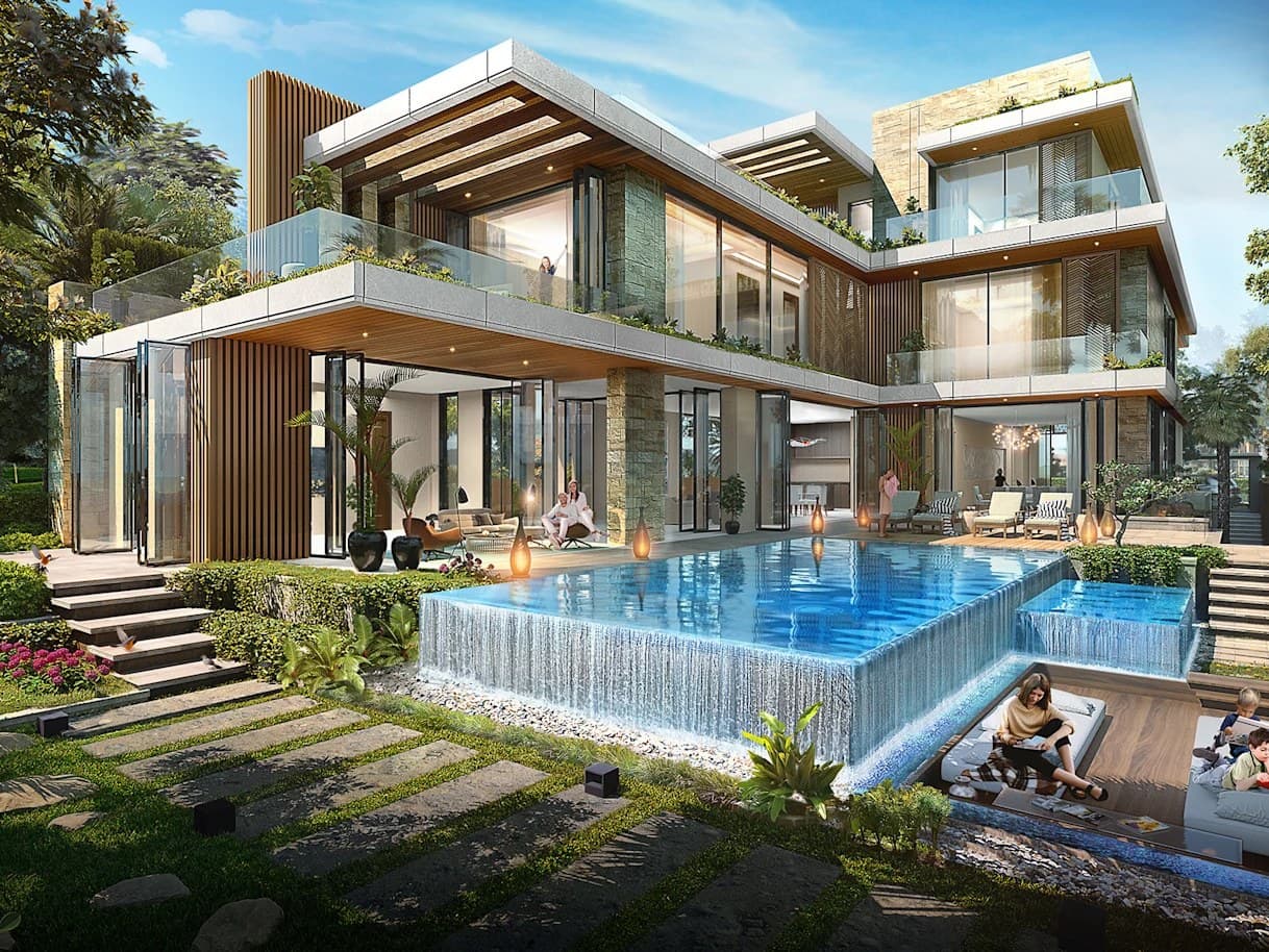 Cavalli Estates villa exterior with private infinity pool and waterfall in DAMAC Hills, Dubai