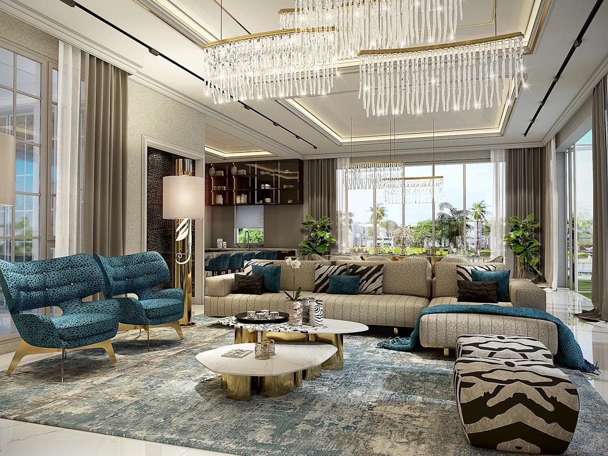 Grand living room inside a Cavalli Estates villa with Cavalli-branded interiors