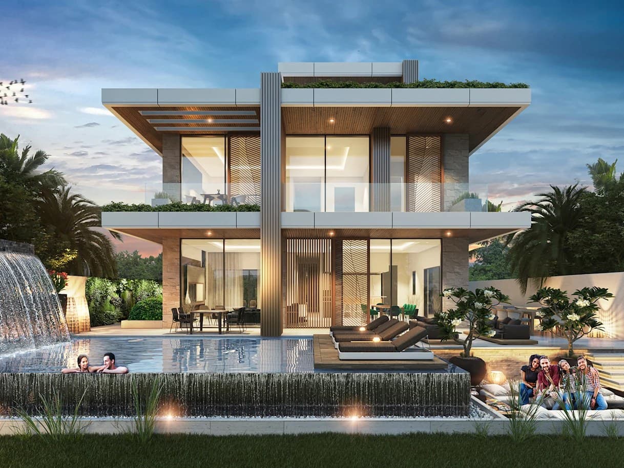 Six-Bedroom Mansion Type V55 at Cavalli Estates villas, DAMAC Hills, dusk exterior, 6 Bedroom villa C603F for sale